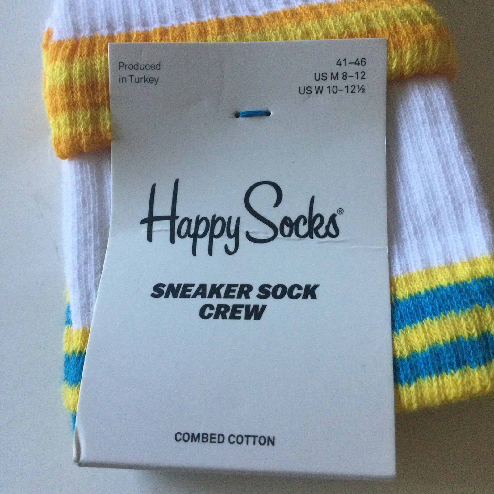 HAPPY SOCKS COLOR CUFF MENS SNEAKER CREW SOCKS WHITE WITH MULTI M/L NWT