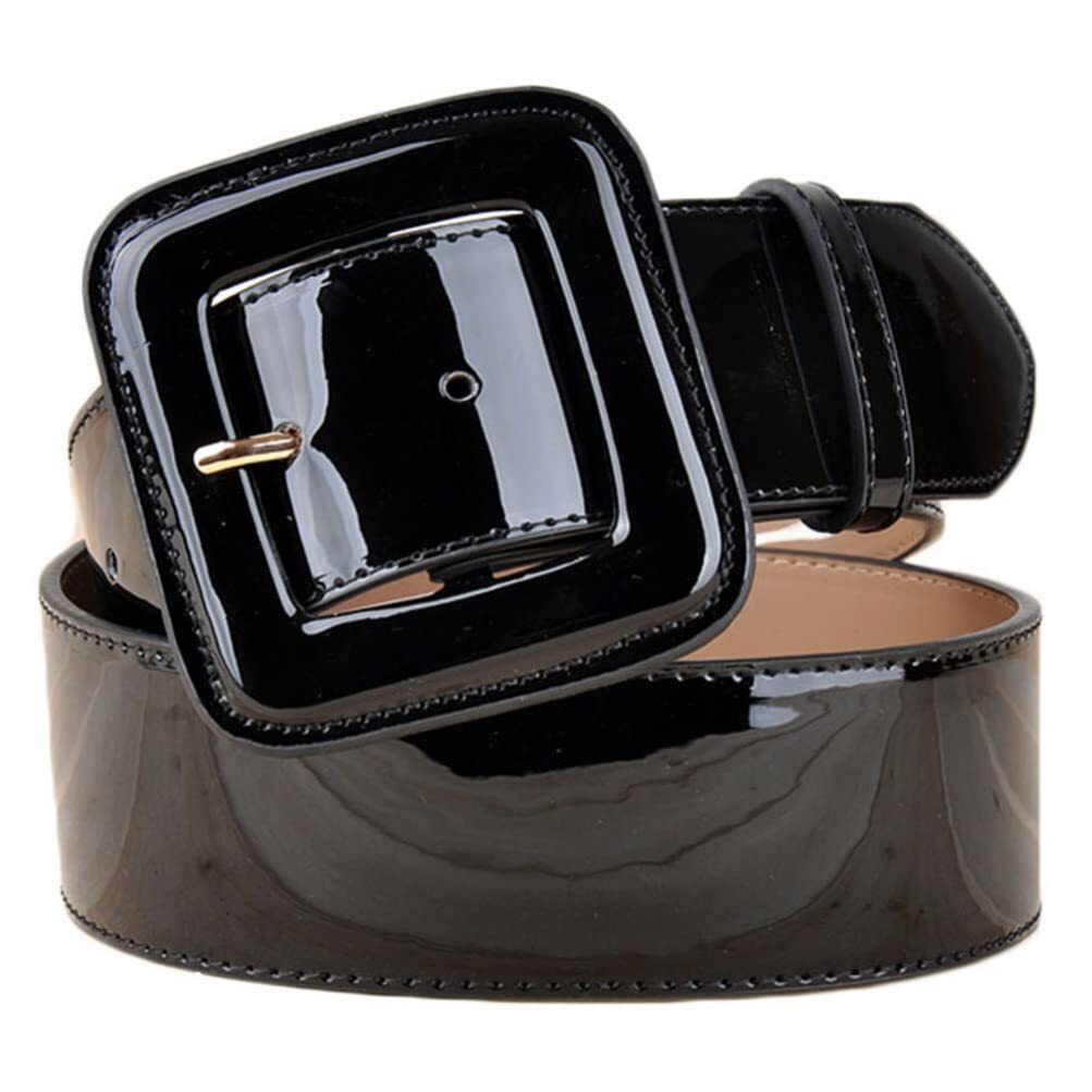 Black Patent Leather Belt Women: Retro Wide Black Belt with Square Buckle, Wide