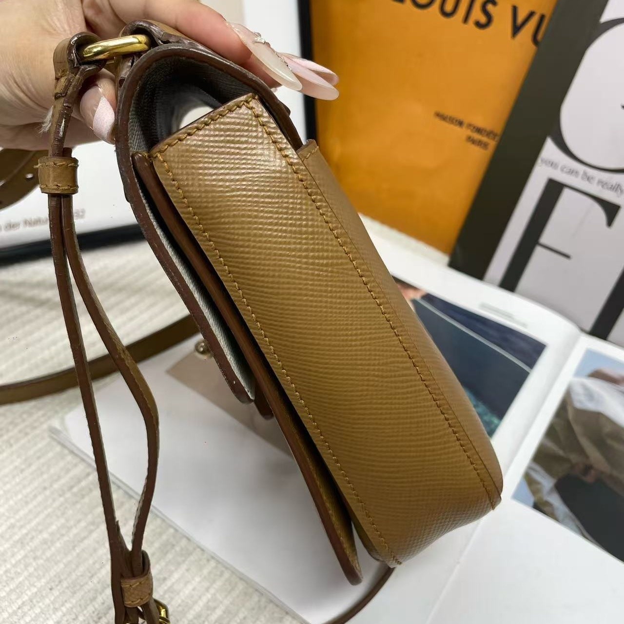 Prada Embleme Small White Camel Brown Saffiano Leather Crossbody Bag