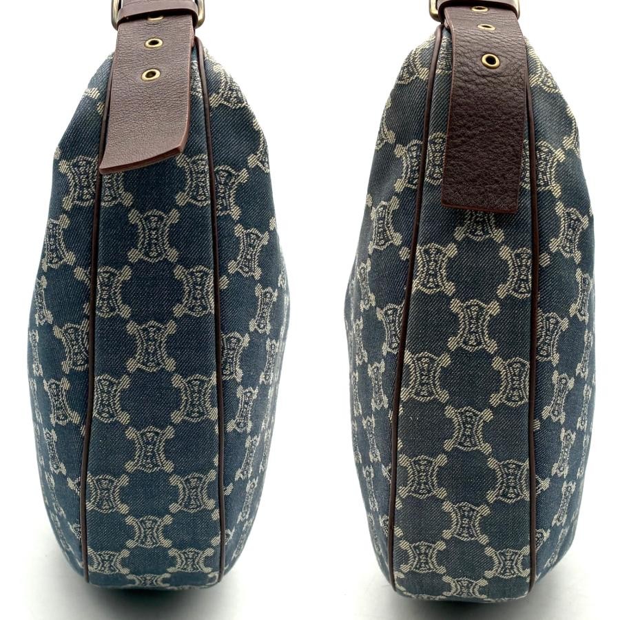 CELINE Paris Macadam Half Moon Denim Leather Shoulder Bag Blue Brown Auth