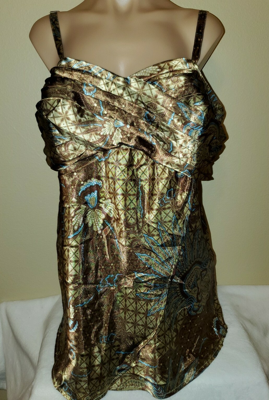 Lane Bryant 20 2X Brown Blue Paisley Floral Spaghetti Strap Ruched Top
