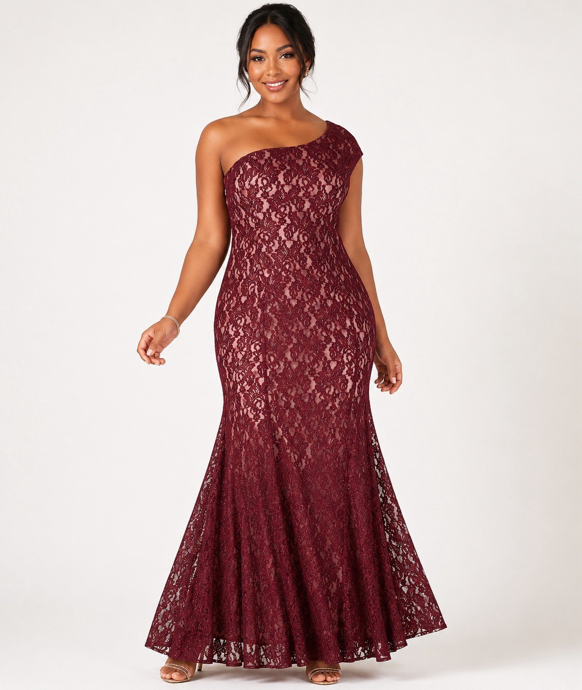 Nightway Burgundy Floral Lace One Shoulder Sleeveless Long Formal Gown 16W
