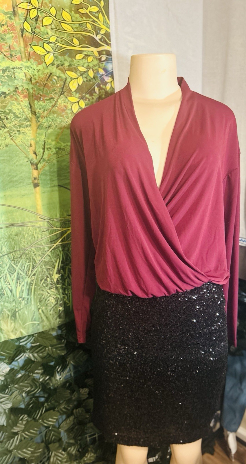 Ann Taylor Factory Burgundy Solid Surplice Wrap V-Neck Long Sleeve Blouse Sz S