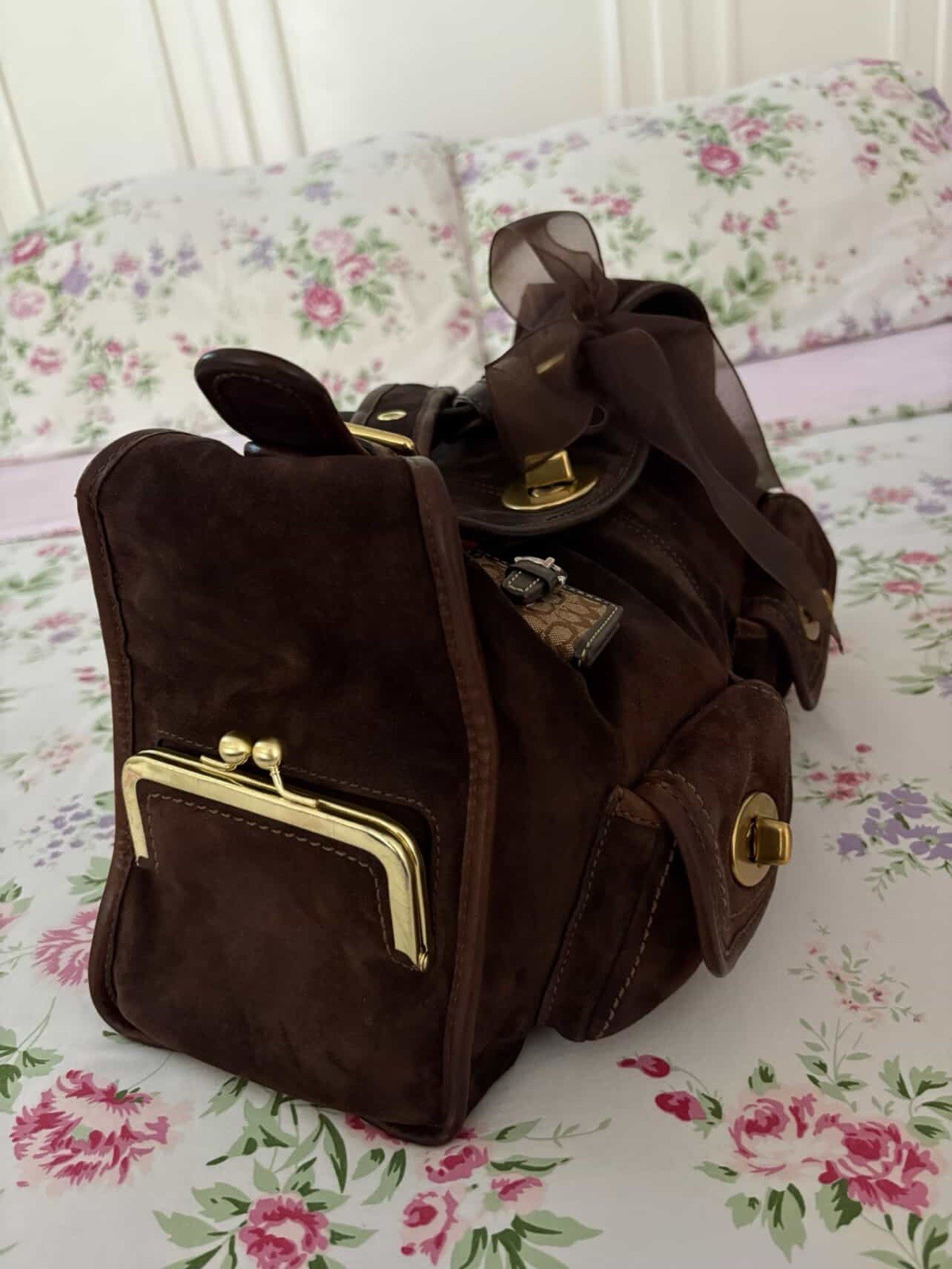 Coach Brown Medium Crossbody Bag Gold Hardware Turn Lock Outer Pockets