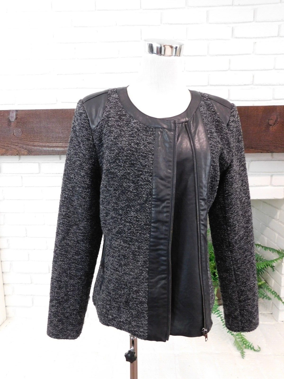 MOTO STYLE TWEED JACKET WOOL WINTER 548 SAKS FITH AVE BRAND Sz M FAUX LEATHER