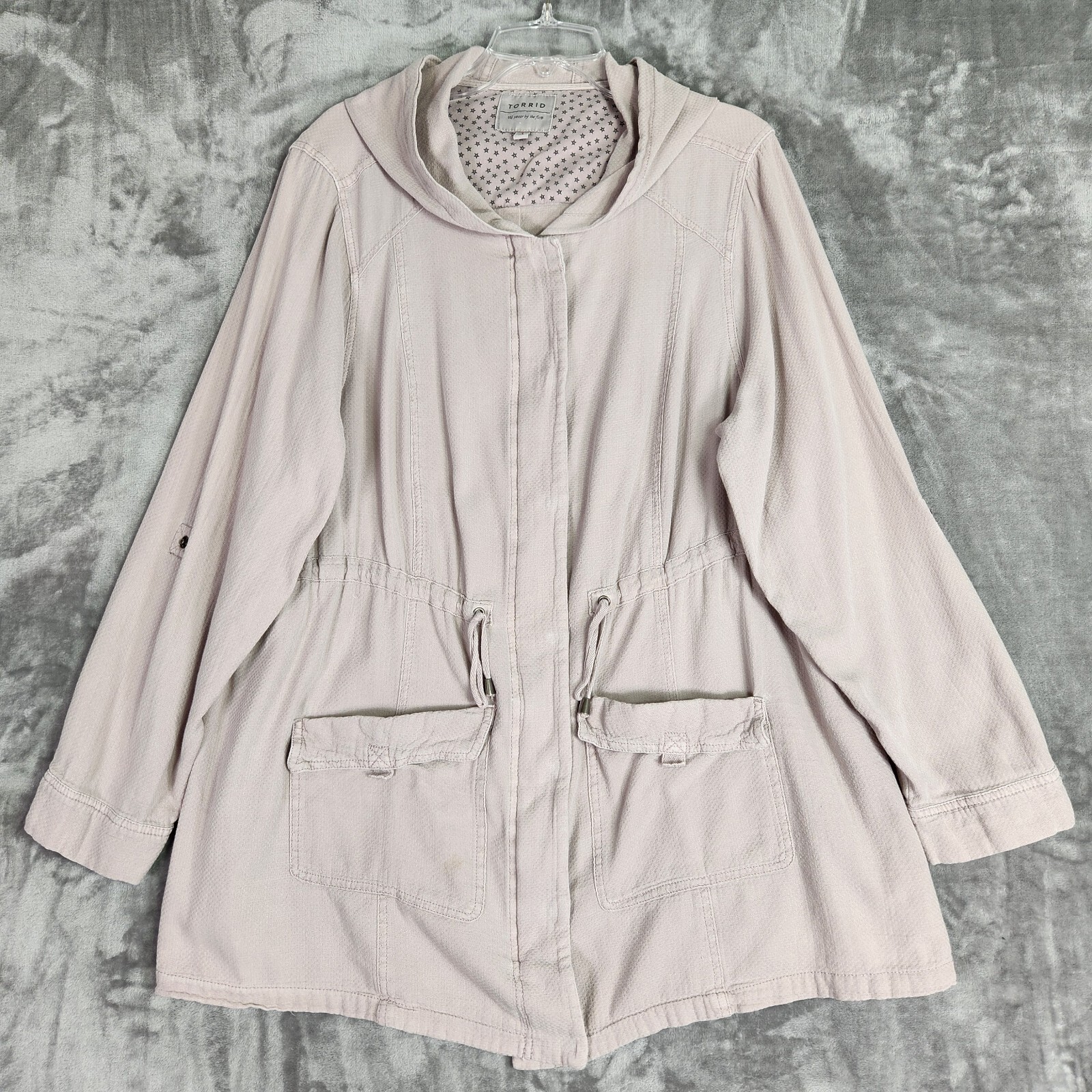 Torrid Jacket Womens 1X Pink Full Zip Snap Hooded Textured Twill Anarak Utility