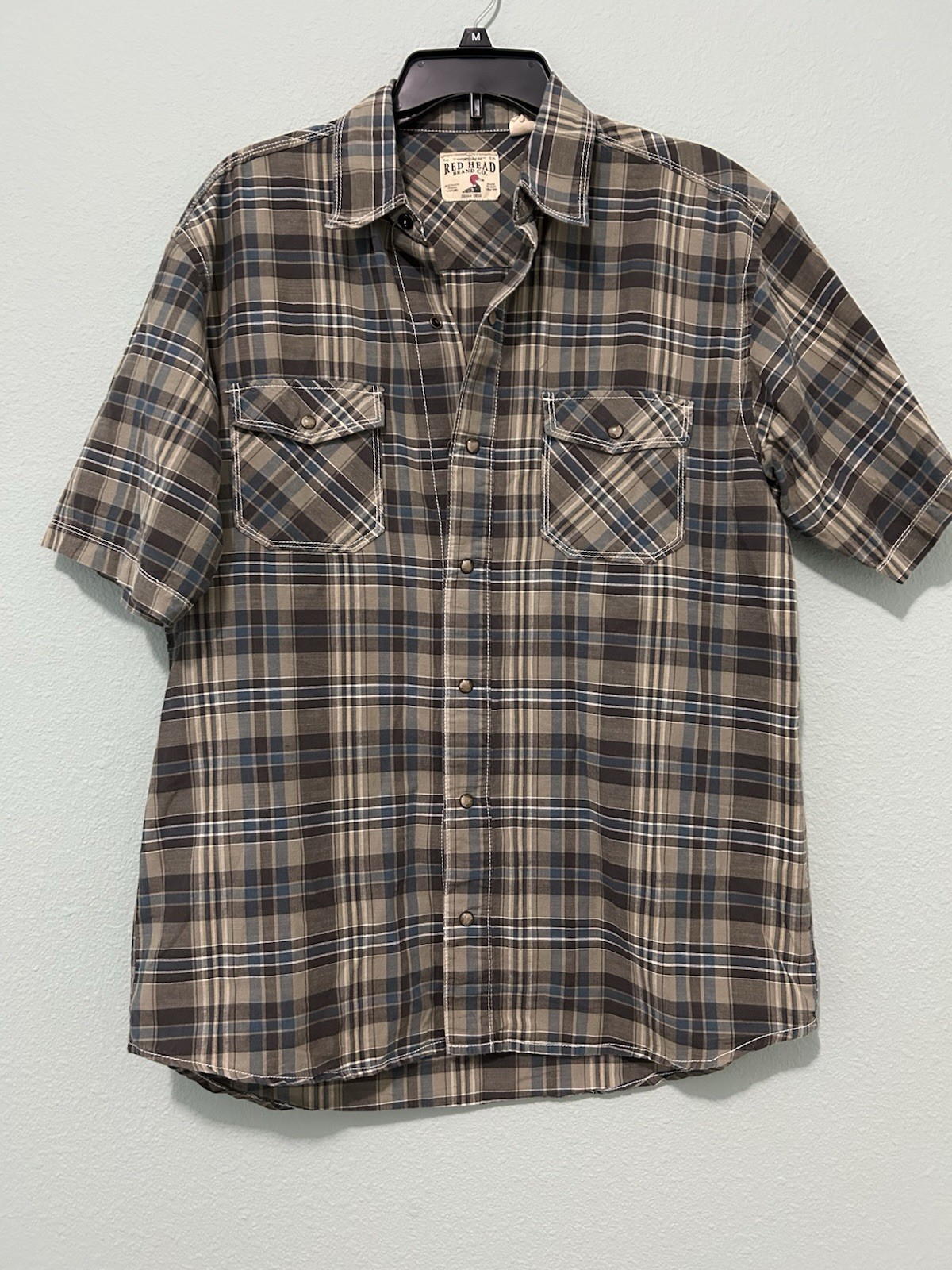 Vintage Red Head Crownbrand Short Sleeve Plaid Pearl Snap Shirt M Brown Blue