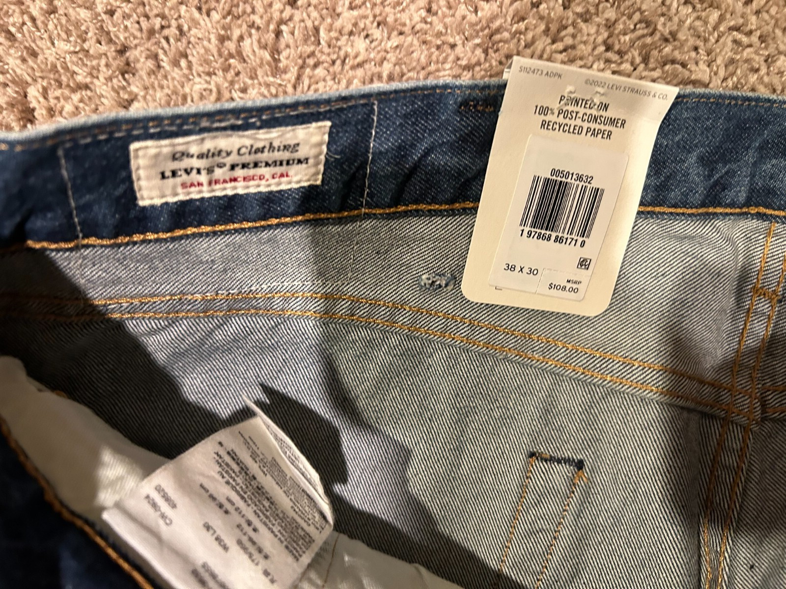 Levi’s Premium 501 Original Fit Circular Jeans Blue Size 38X30 NWT RT$108 3632