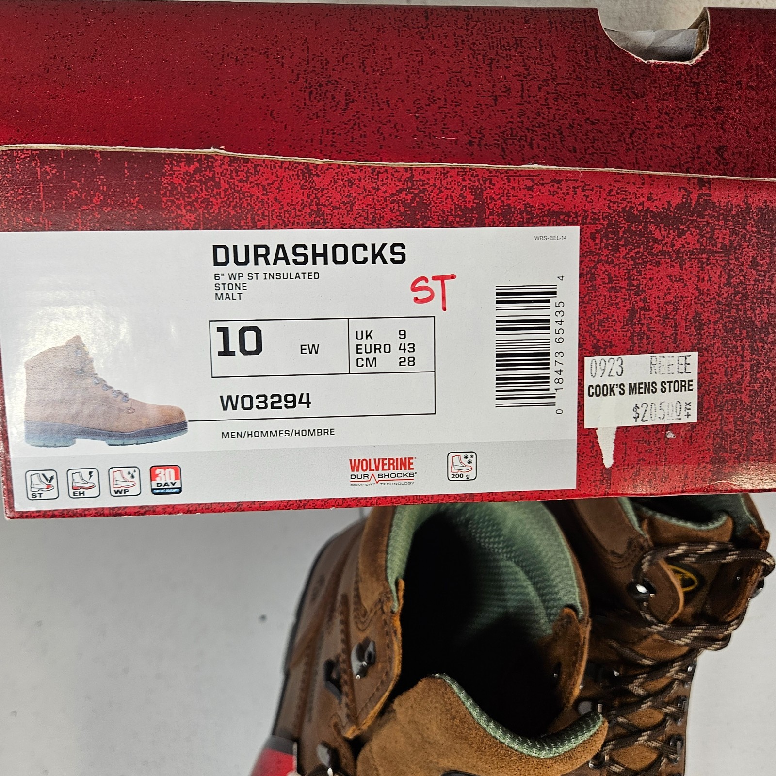 Wolverine Men DuraShocks Waterproof Insulated Steel Toe 6″ Boot 10 EW W03294