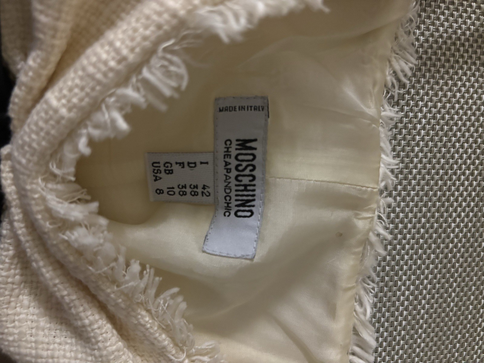 Moschino Cheap and Chic Ivory/Black Tweed Shift Dress Bow Fringe Sz 8