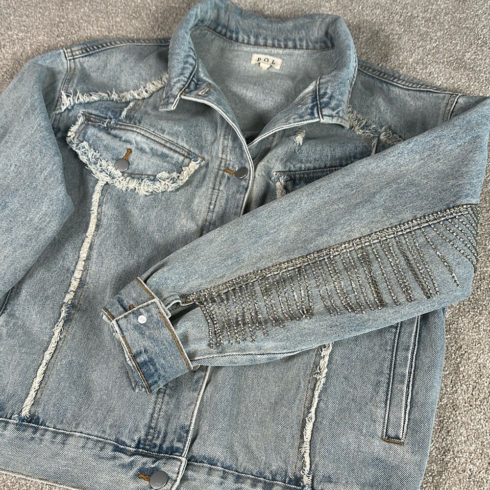 Distressed, rhinestone, fringe, jean jacket, grunge, punk band rock