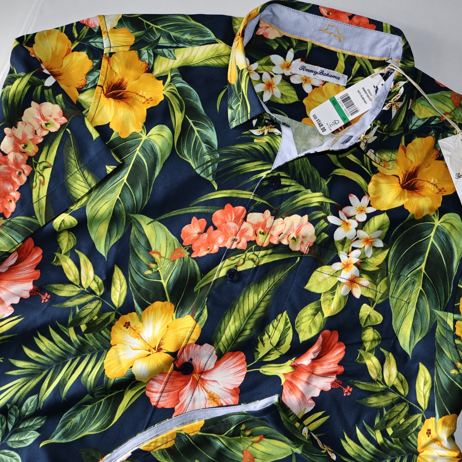 Tommy Bahama Camp Shirt Midnight Hibiscus Navy Blue 100% Silk SS Extra Large XL
