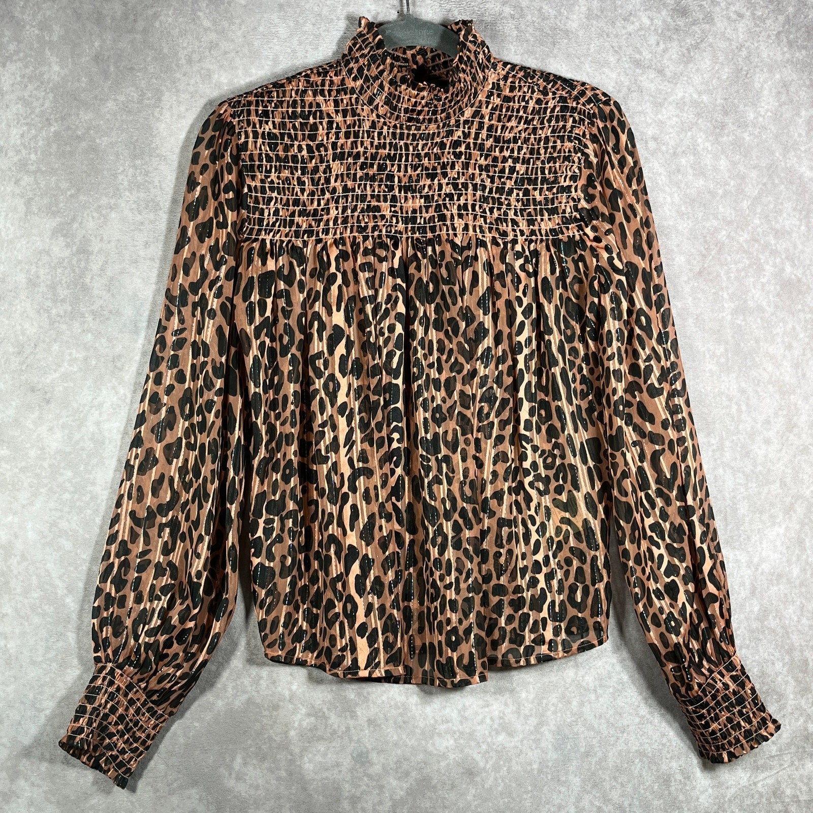 Scotch & Soda Blouse Womens XS Brown Black Leopard Long Sleeve Smocked Casual