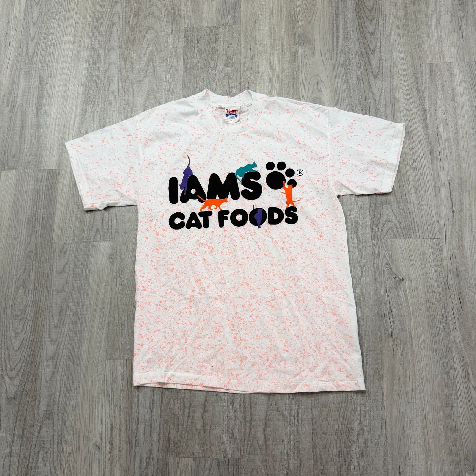 Vintage Iams Pet Food All Over Print Shirt Men’s Large White Orange 90s Cat Dog