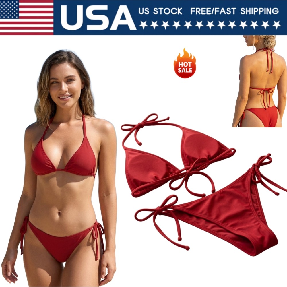Women Red Solid 2‑Piece Bikini Set Halter Tie Side Bathing Suit Beach Swimwear