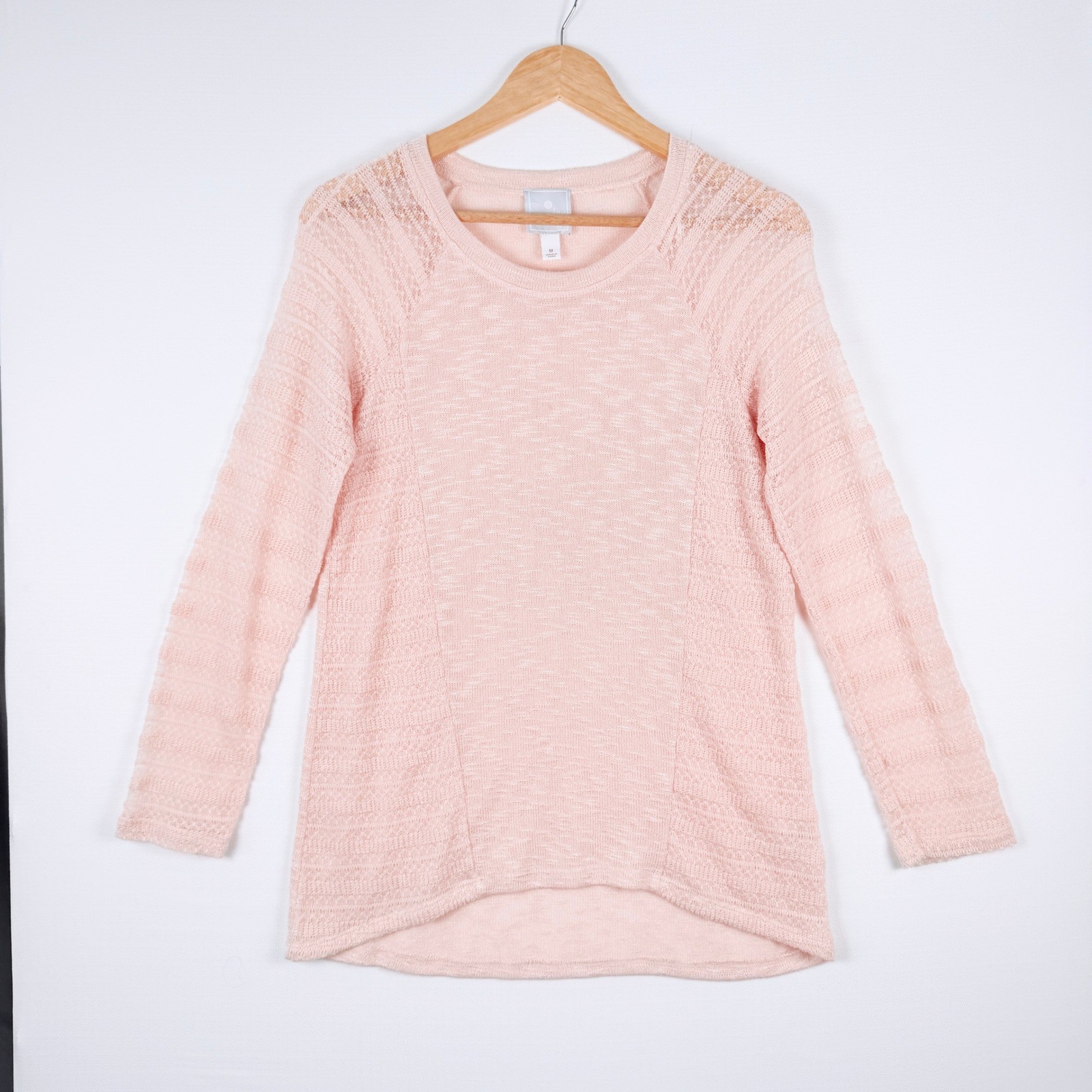 Womens Peach Pink Open Knit Crochet Sleeve Sweater Top Size M Long Sleeve Boho