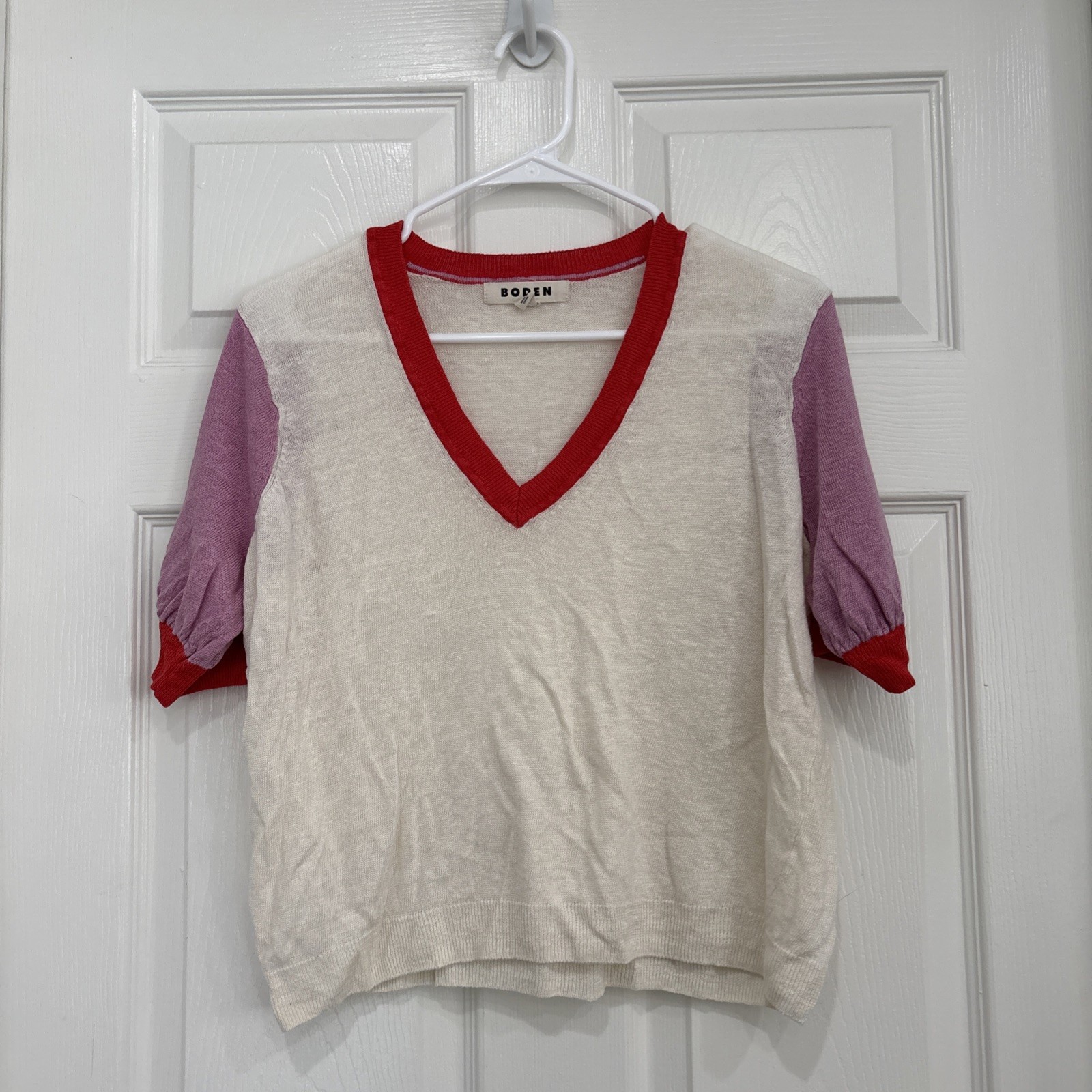 Boden Agnes Women’s Linen Colorblock V-Neck Sweater Cream Purple Red Sheer Sz M