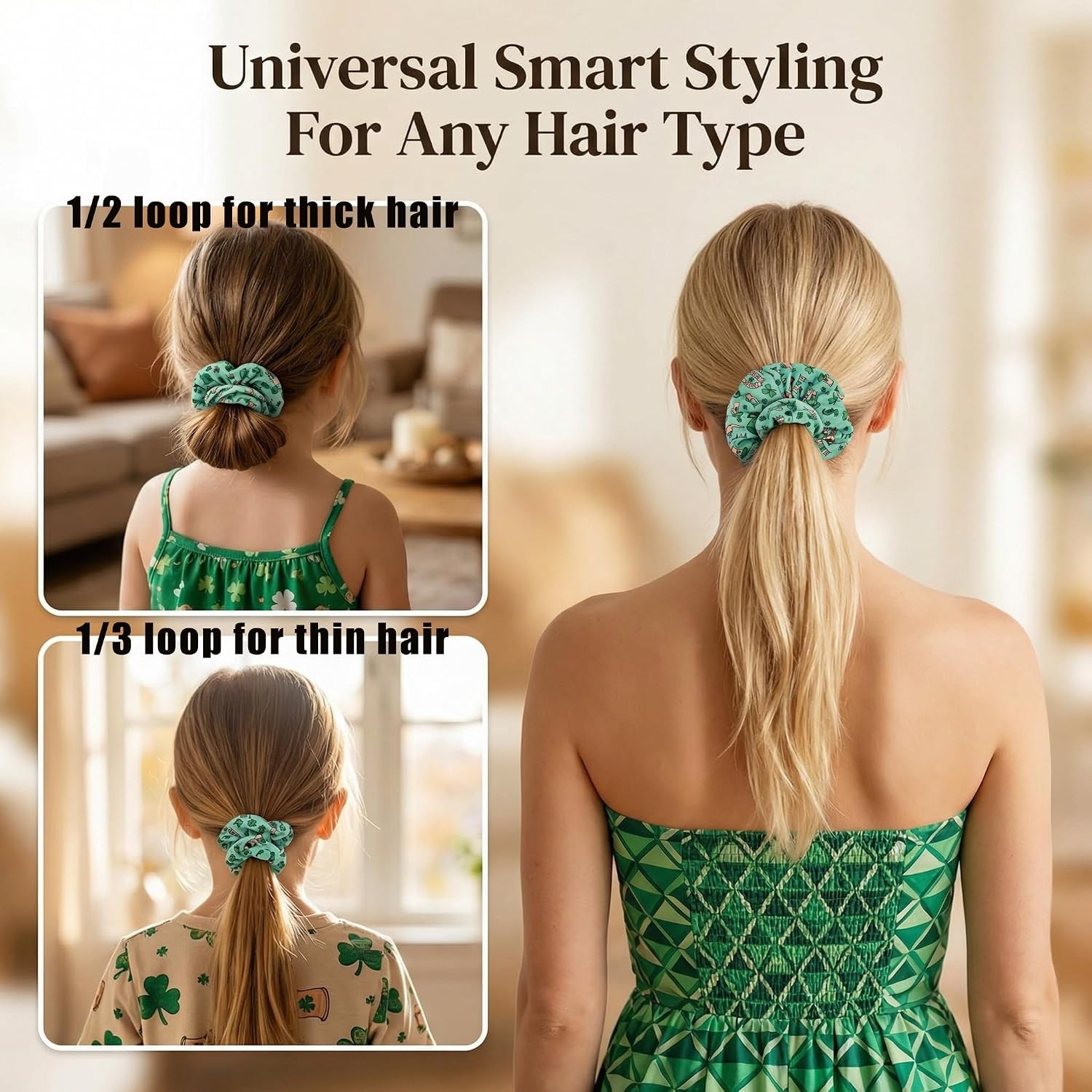 St.Patrick’s Day Scrunchies for Women & Girls, 6-pack Green Elastic Fabric Hair
