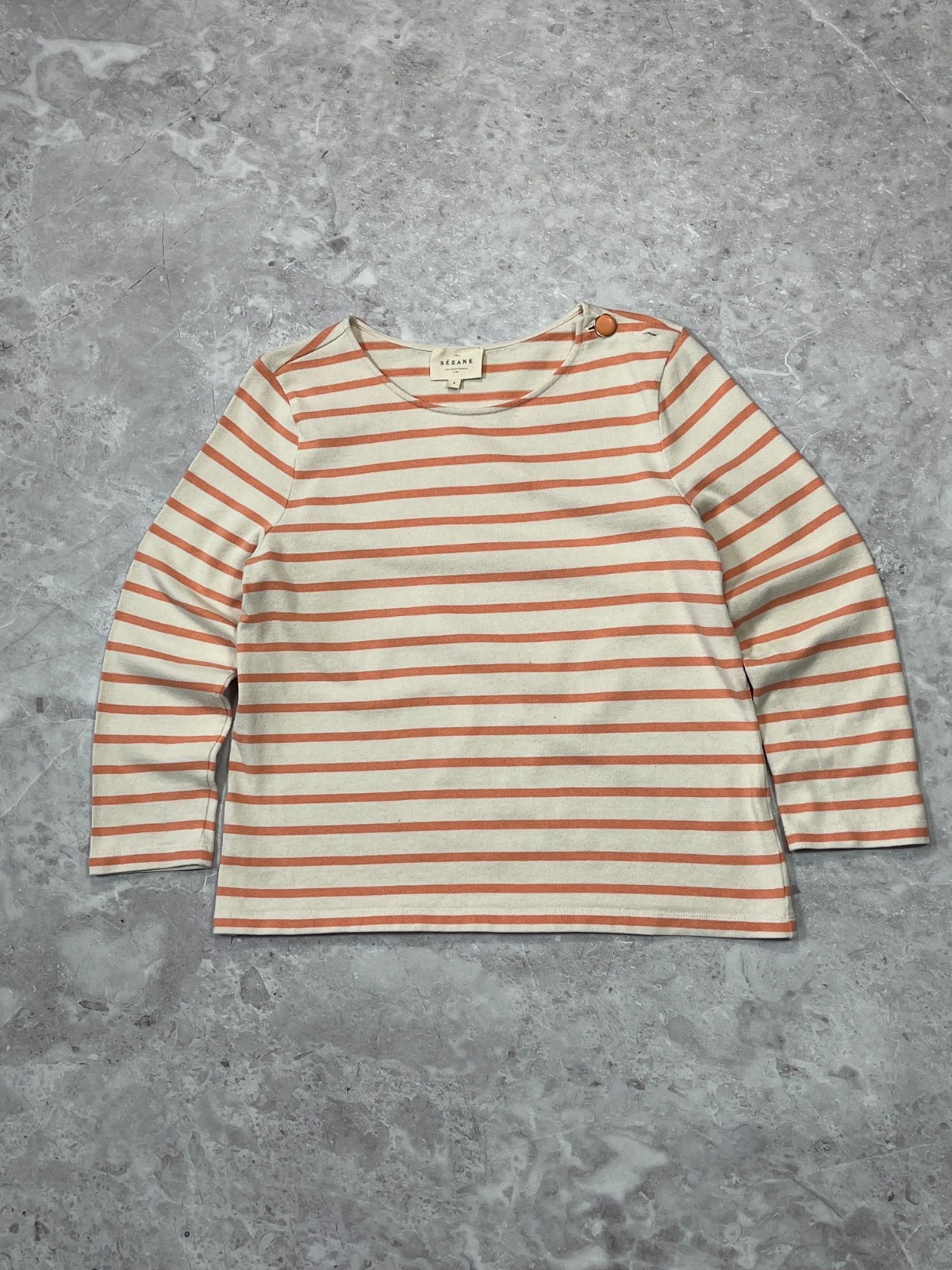 SEZANE Paris Women Striped Top Long Sleeve Button Shoulder Ecru Peach Orange