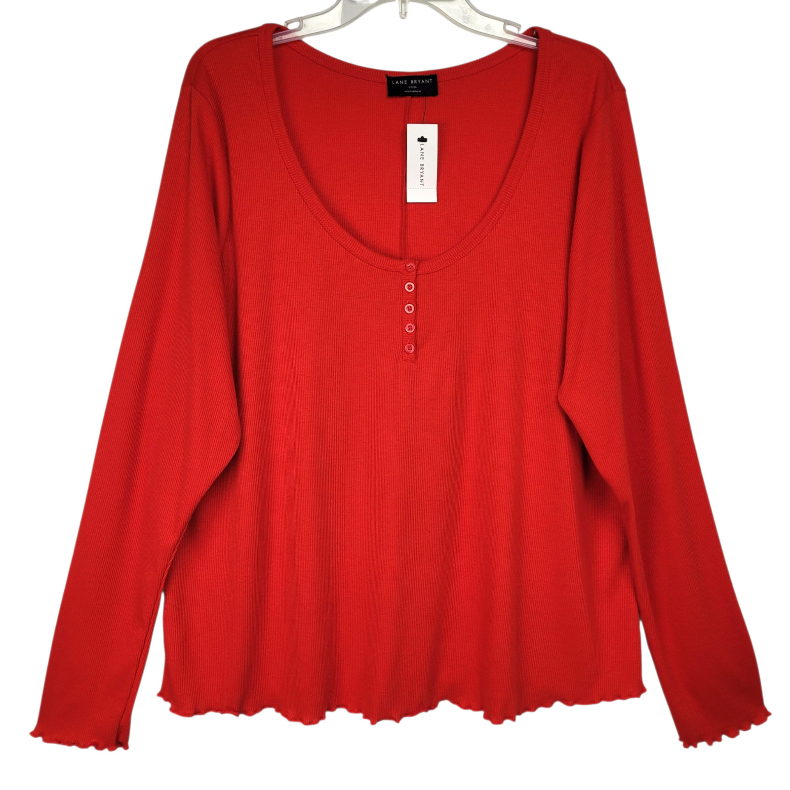Lane Bryant Henley Top Women’s 22/24 Red Ribbed Long Sleeve Lettuce Hem Colorful