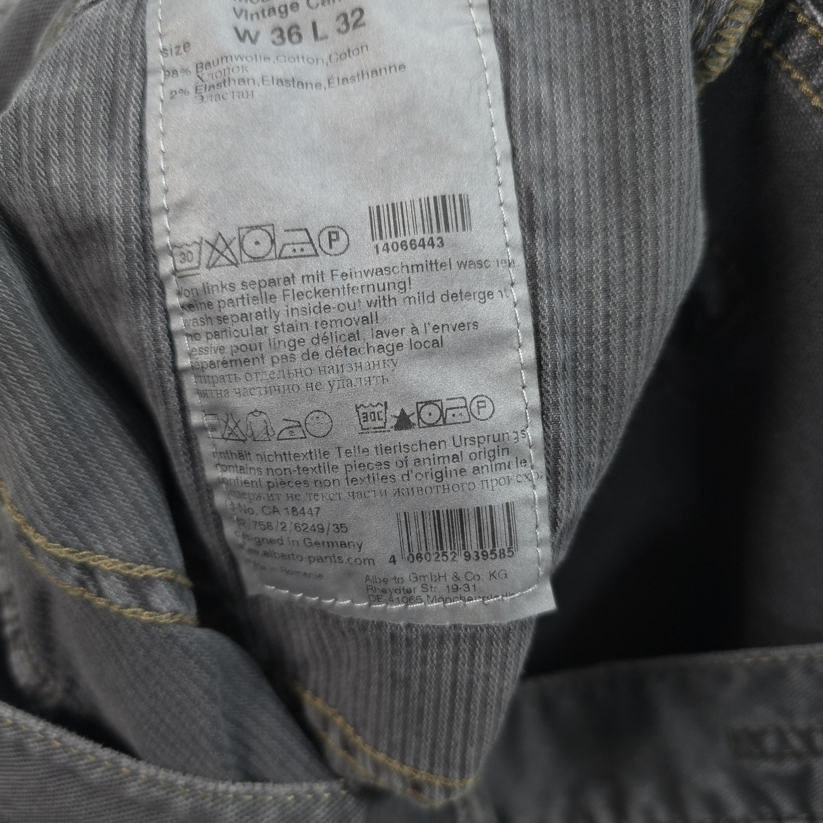 Alberto Jeans Mens 36×30 Gray Modern Fit Vintage Canvas Denim Stretch Casual