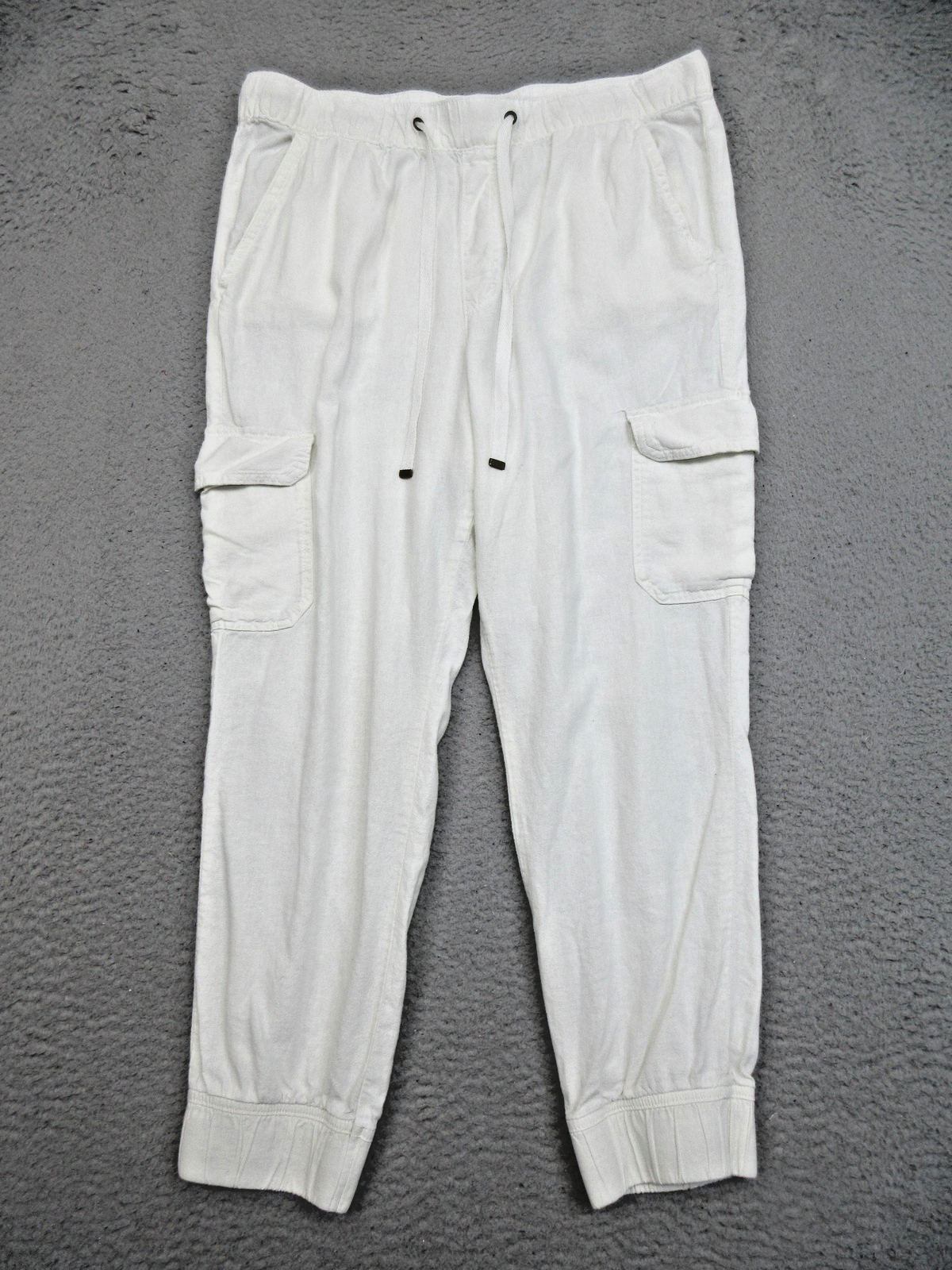 Womens L White Linen Blend Cargo Jogger Pants Drawstring Coastal Beach Utility