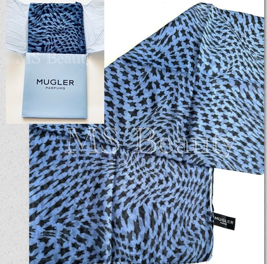Mugler Angel Furoshiki Square Scarf (27”x 27” – Blue With Star Print)