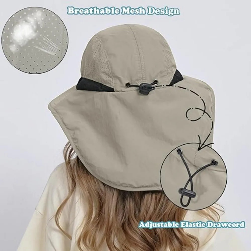 Wide Brim Waterproof Quick-Dry Sun Hat with Neck Flap Breathable Mesh Hiking Cap