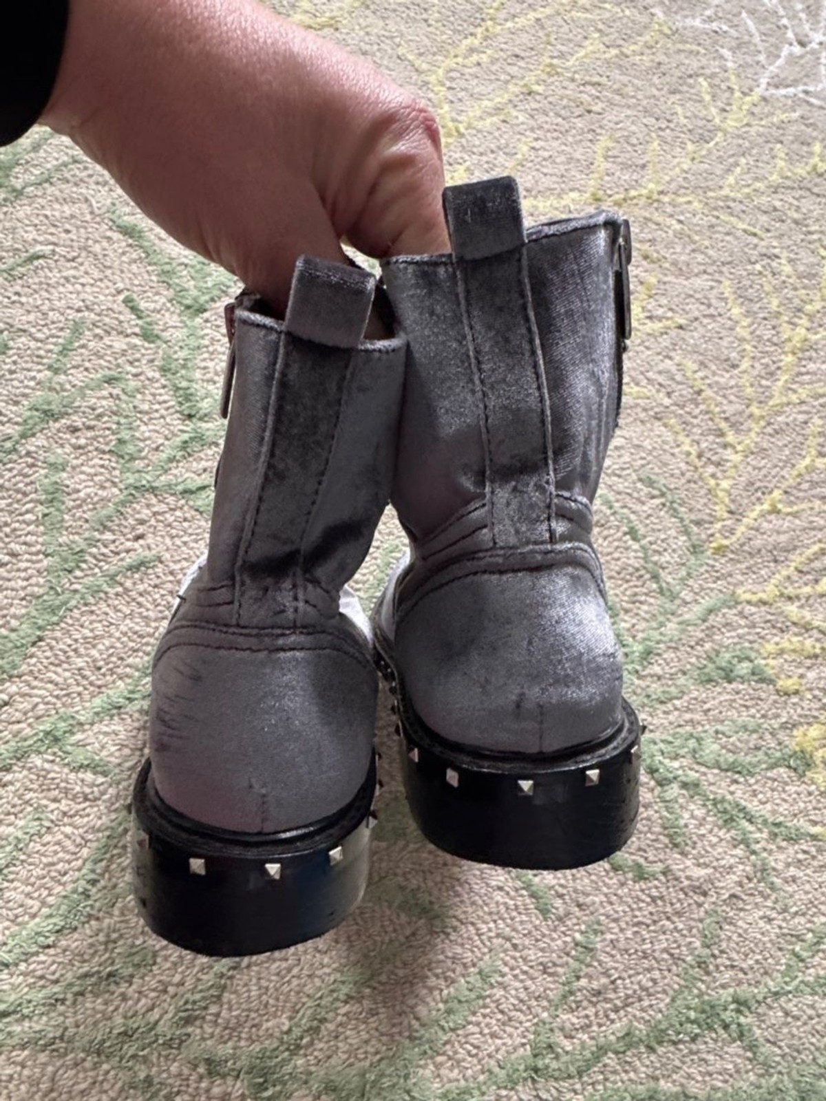 Vince Camuto Talorini studded velvet combat boots in a grey or “granite” 6