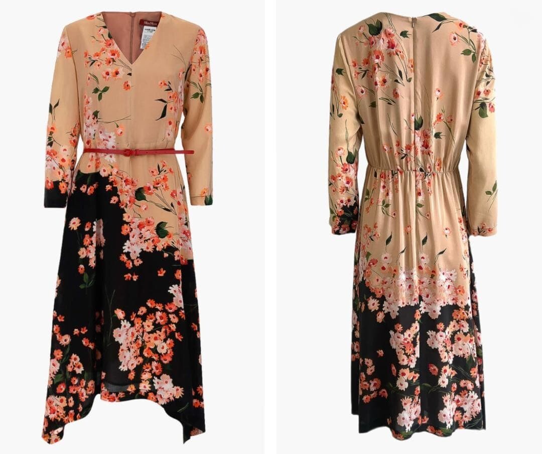 MaxMara Silk Floral Asymmetrical Long Dress Leather Belt Auth