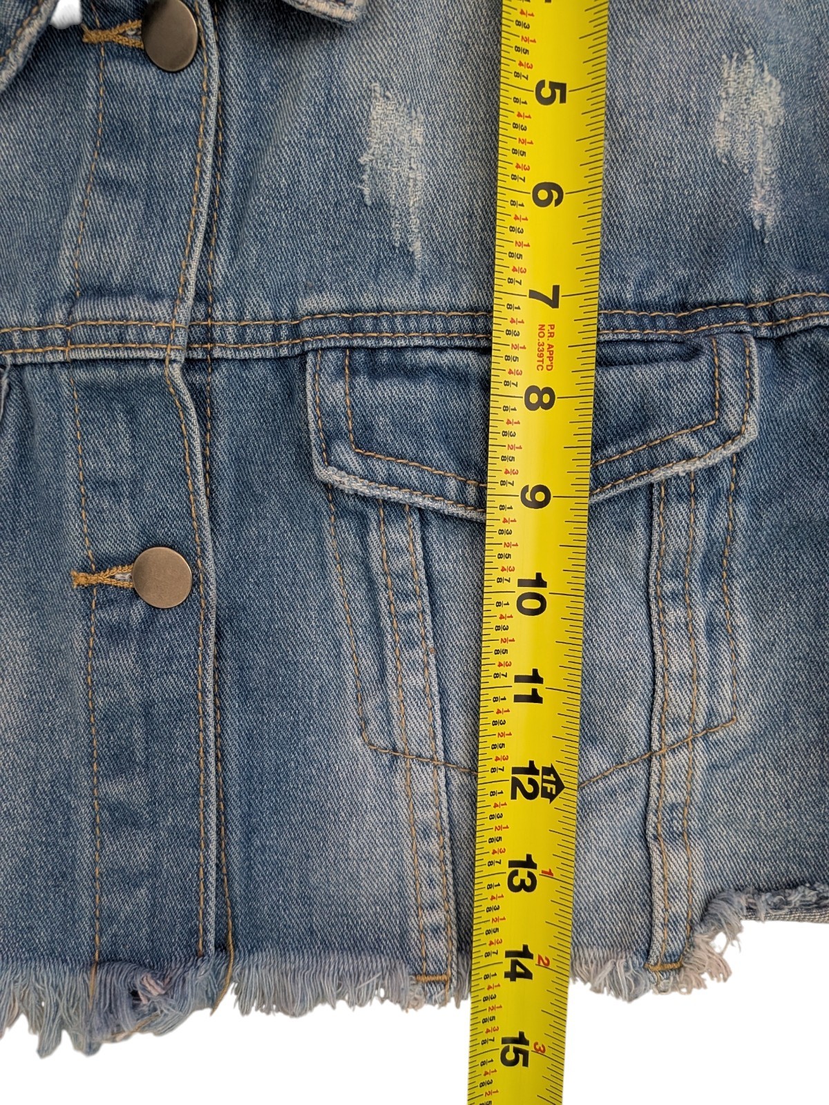American Bazi Cropped Denim Fashion Tour Jacket Distressed Patchwork Raw Hem Med