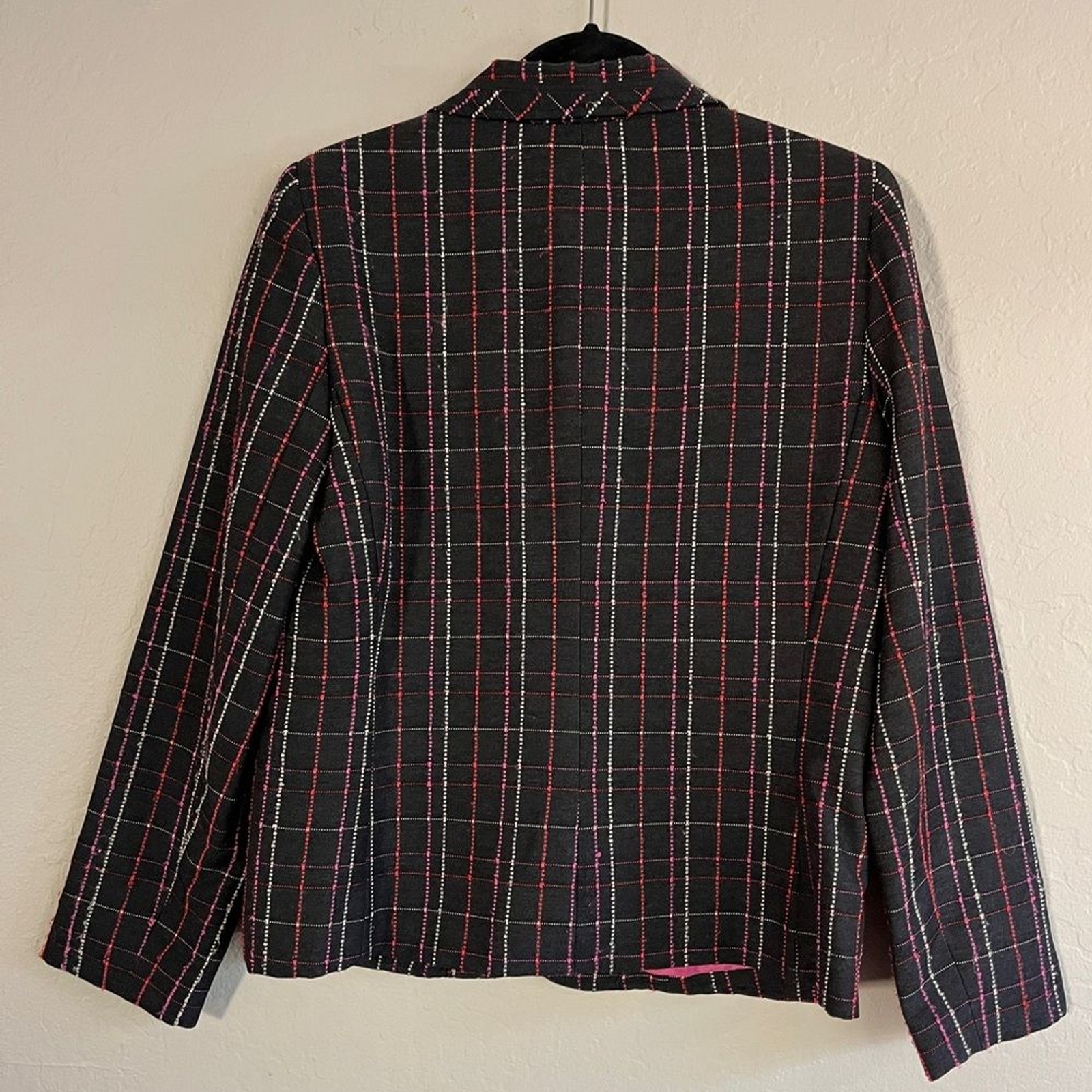 Vintage Requirements Blazer Black Tweed Pink, Red White Threads Single Breast 12