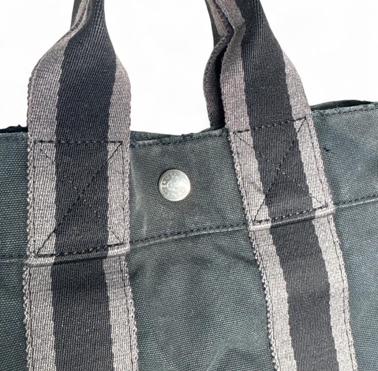 Authentic HERMES Fourre Tout Black Canvas Tote Gray Handle Handbag 03E03605017