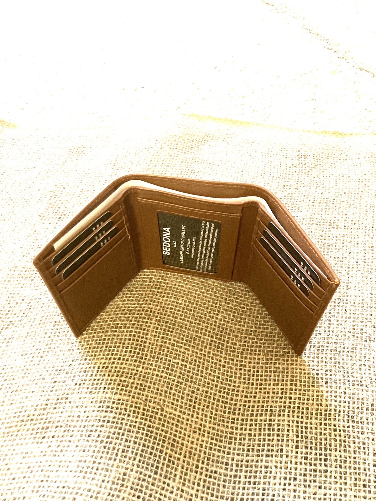 large trifold leather wallet Cognac Color, 8 Card Slots, 1 Id Window