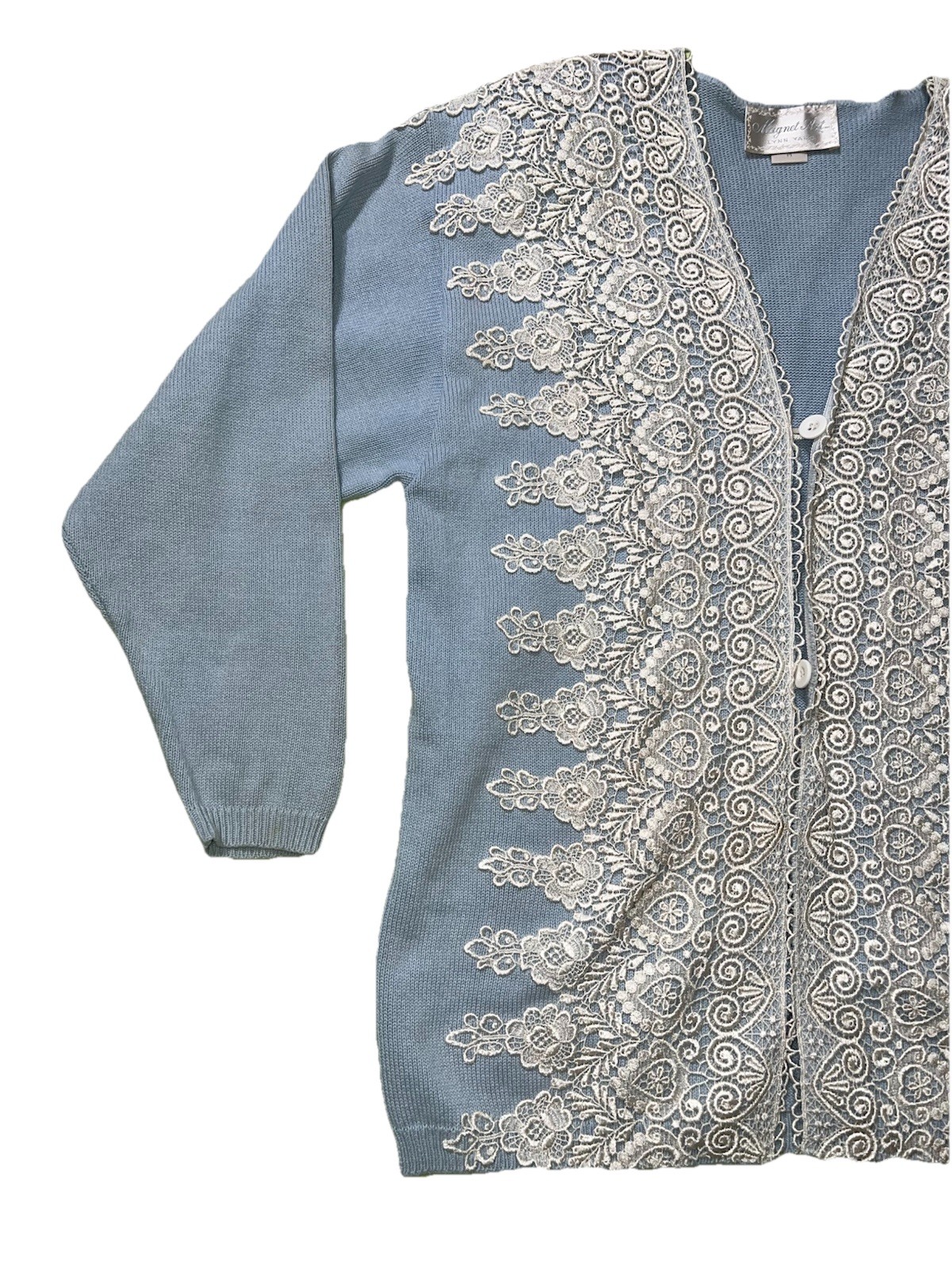 Magnet Art Lynn Yang Blue Embroidered Floral Lace Sweater Medium Made In USA