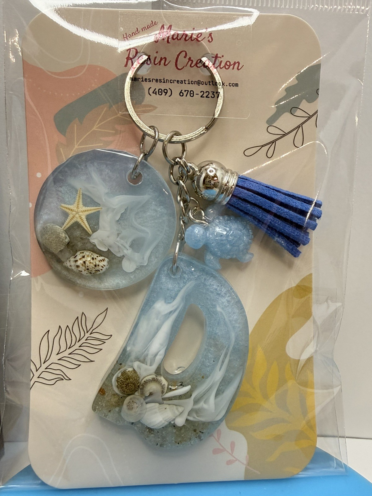 Custom made keychain Beach Theme Baby Blue Resin Keychain.
