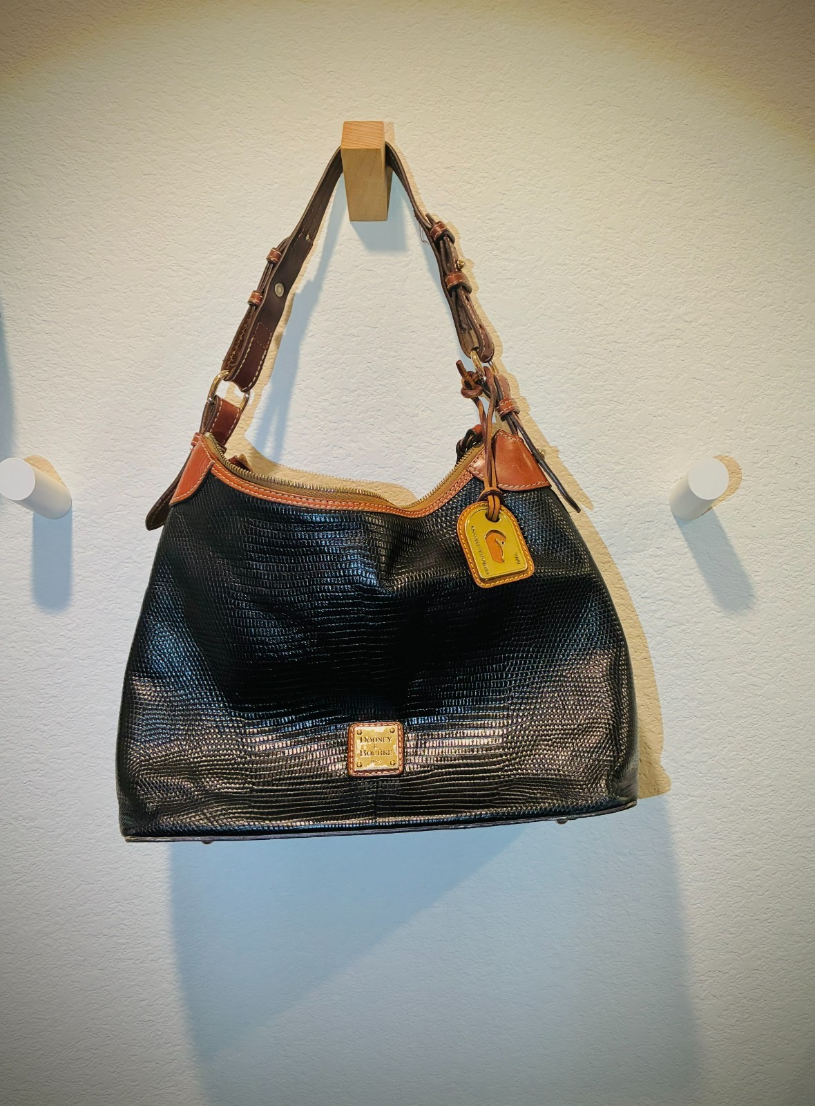 Dooney & Bourke Vintage Black Cognac Trim Shoulder Hobo Bag