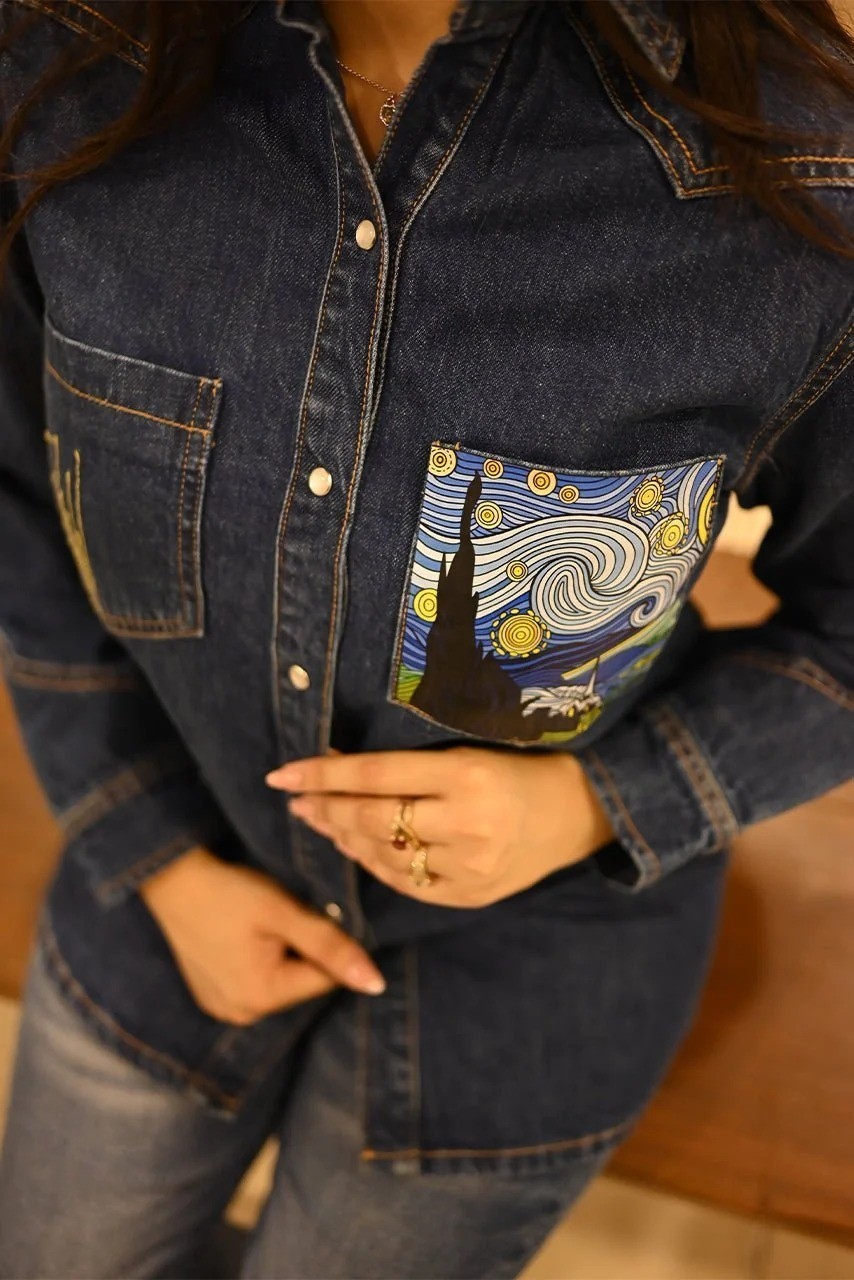 Starry Night Denim Shirt Blue Casual Button Front Long Sleeve Denim Top