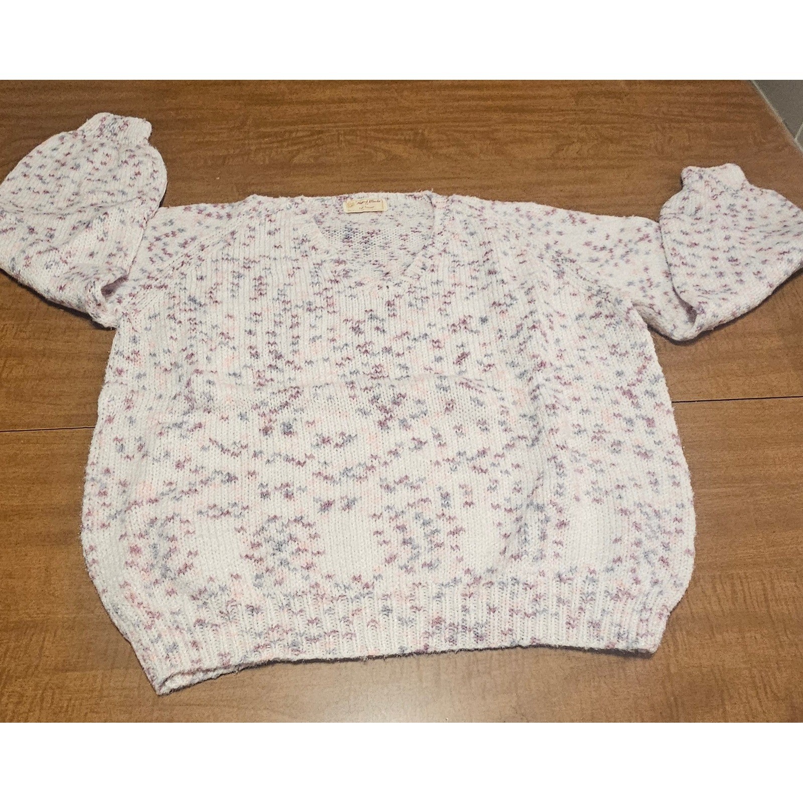 Vntg 80s Homemade Confetti Pastel Flecks V-Neck Knit Sweater M L Puff Sleeves K