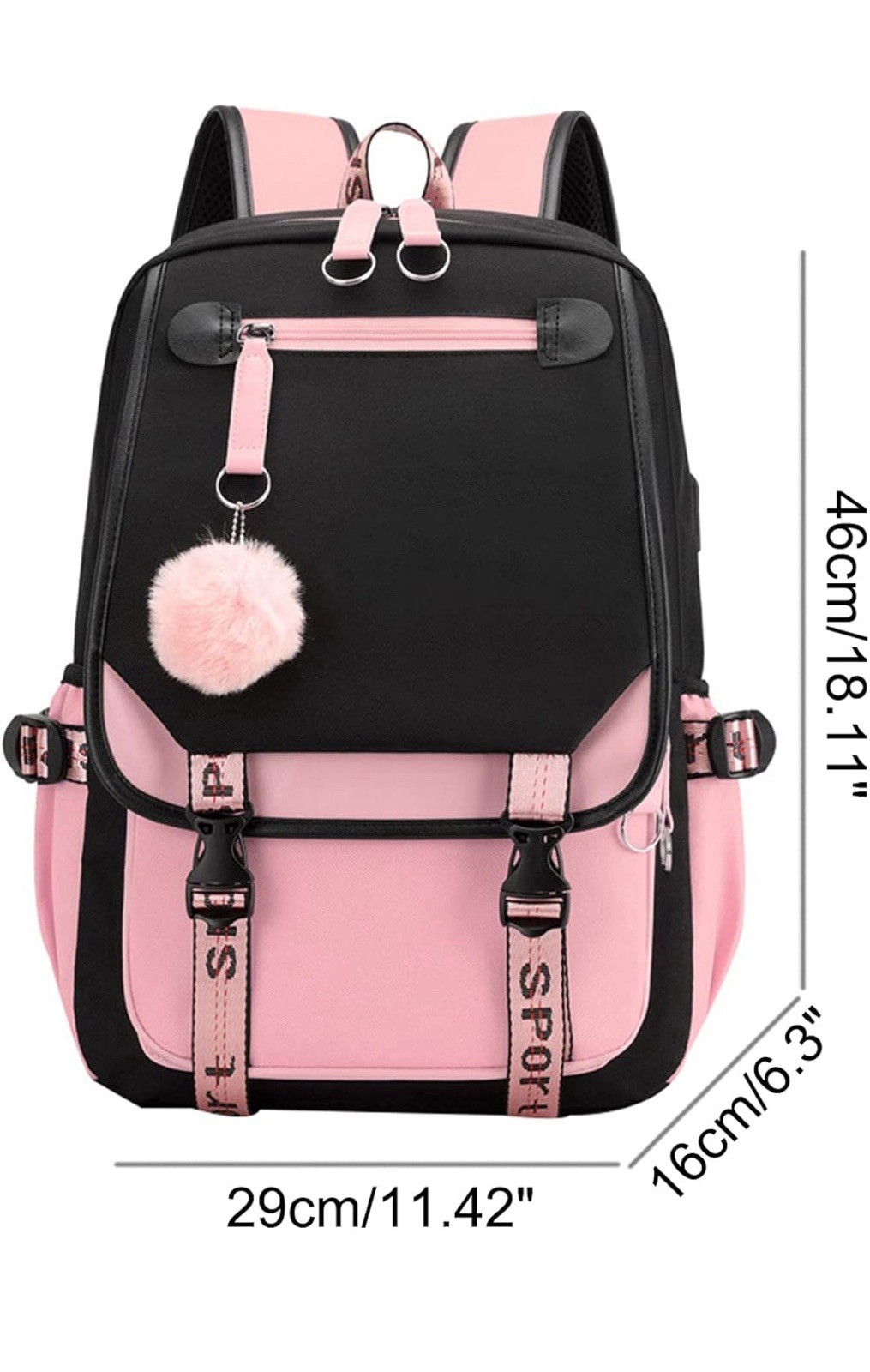 Women’s Colorblock Backpack Black Pink Zip Buckle Bag Charm Adjustable Straps