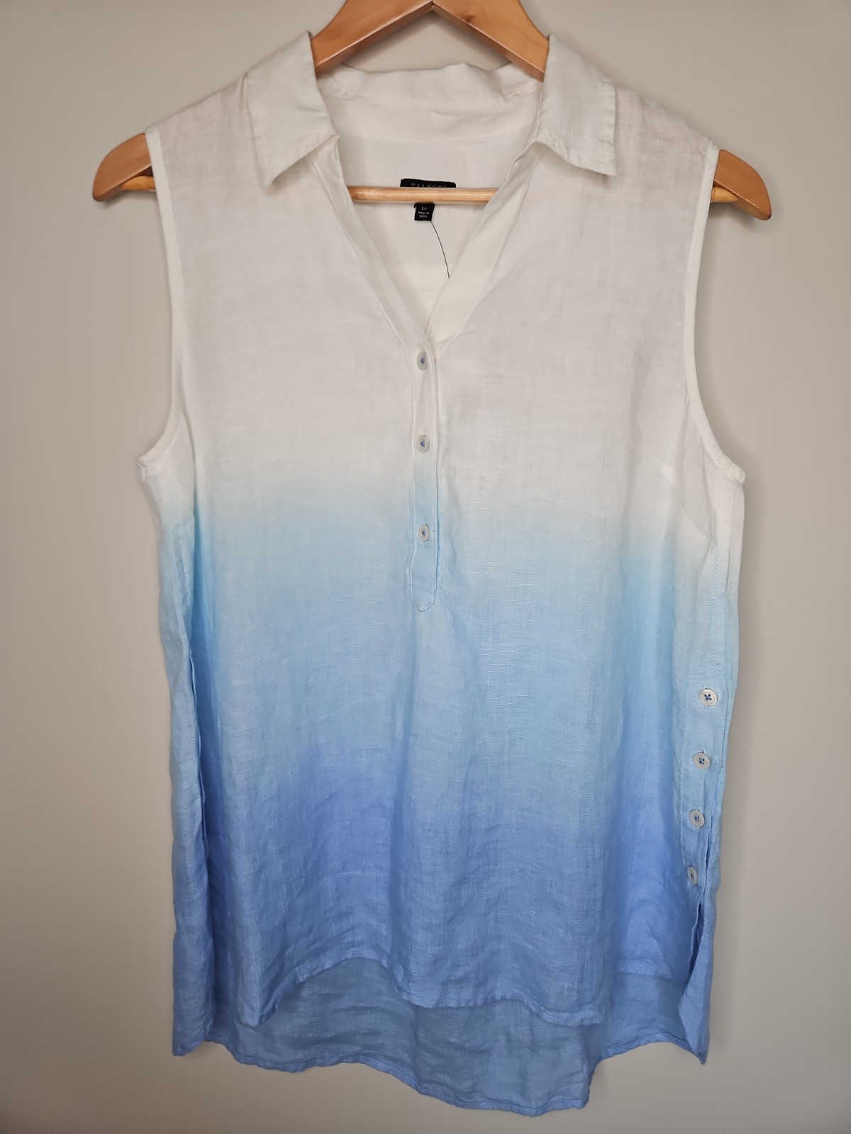 Talbots Popover Tunic Top LP Blue White Linen Side Button Dip Dye Coastal Beach