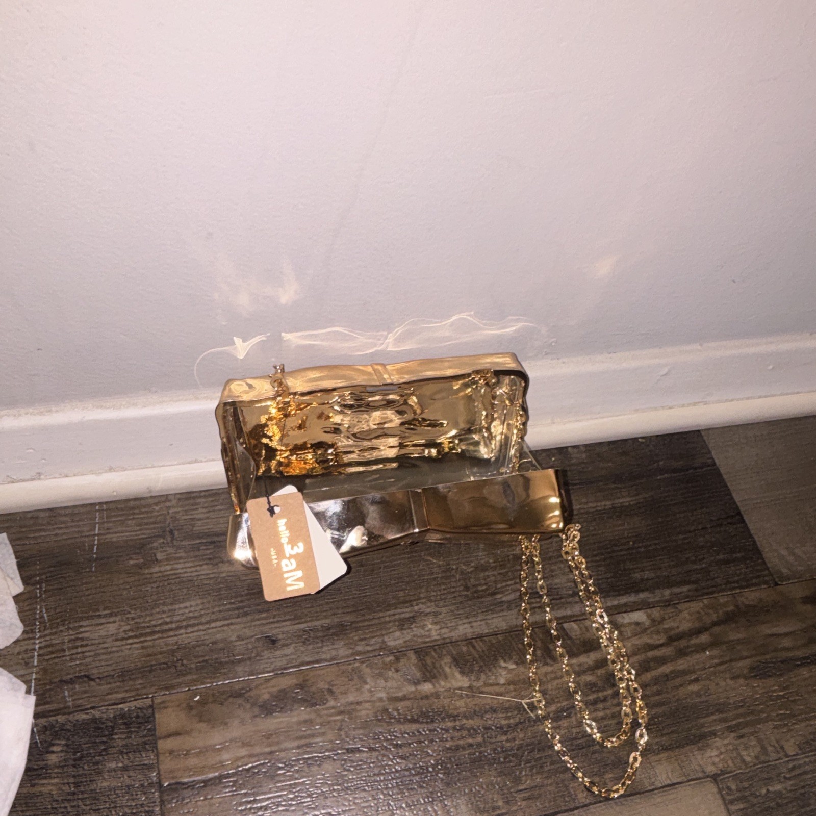 Hello 3 a M Gold Metallic Rectangle Box Clutch w Chain Strap & Dust Bag