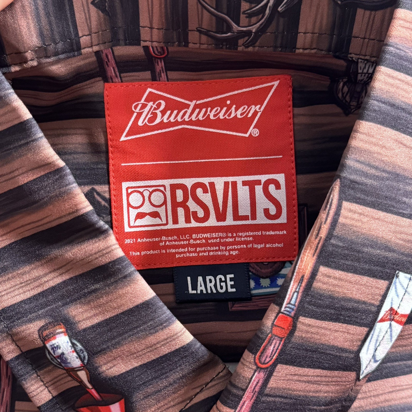 NWT RSVLTS Men’s BUDWEISER SKI LODGE BUCK RARE KUNU SHIRT LARGE Dad Comfort Beer