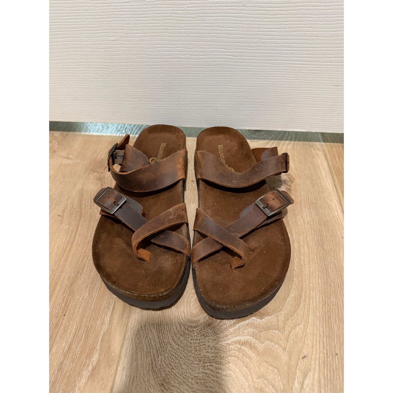 Mountain Sole Brown Leather Slide Sandals Cork Footbed Buckle Straps Boho Womens