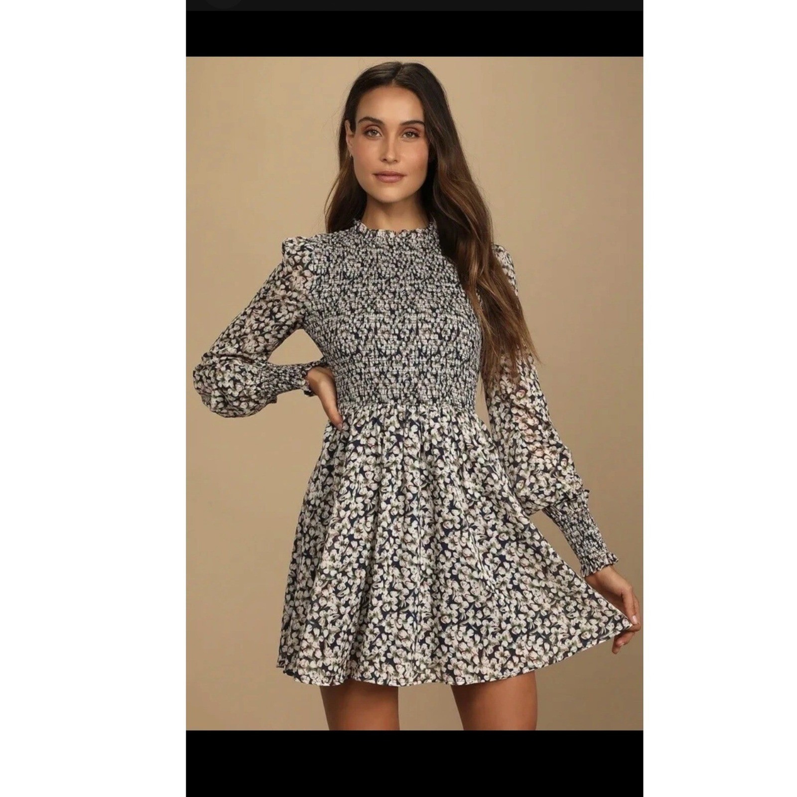 Lulus Floral Smocked Mini Dress Long Sleeve High Neck Navy Cream XXS
