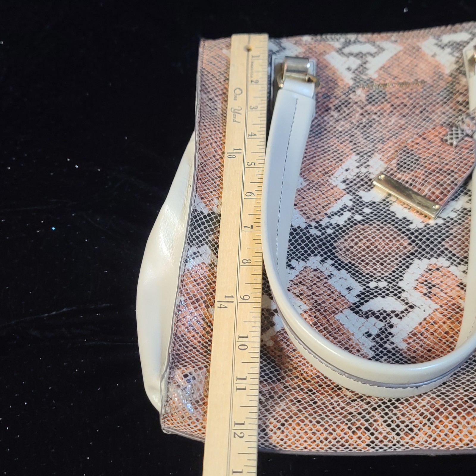 Antonio Melani Snakeskin Tote Purse Zip Closure Ivory Handles Charm Gold