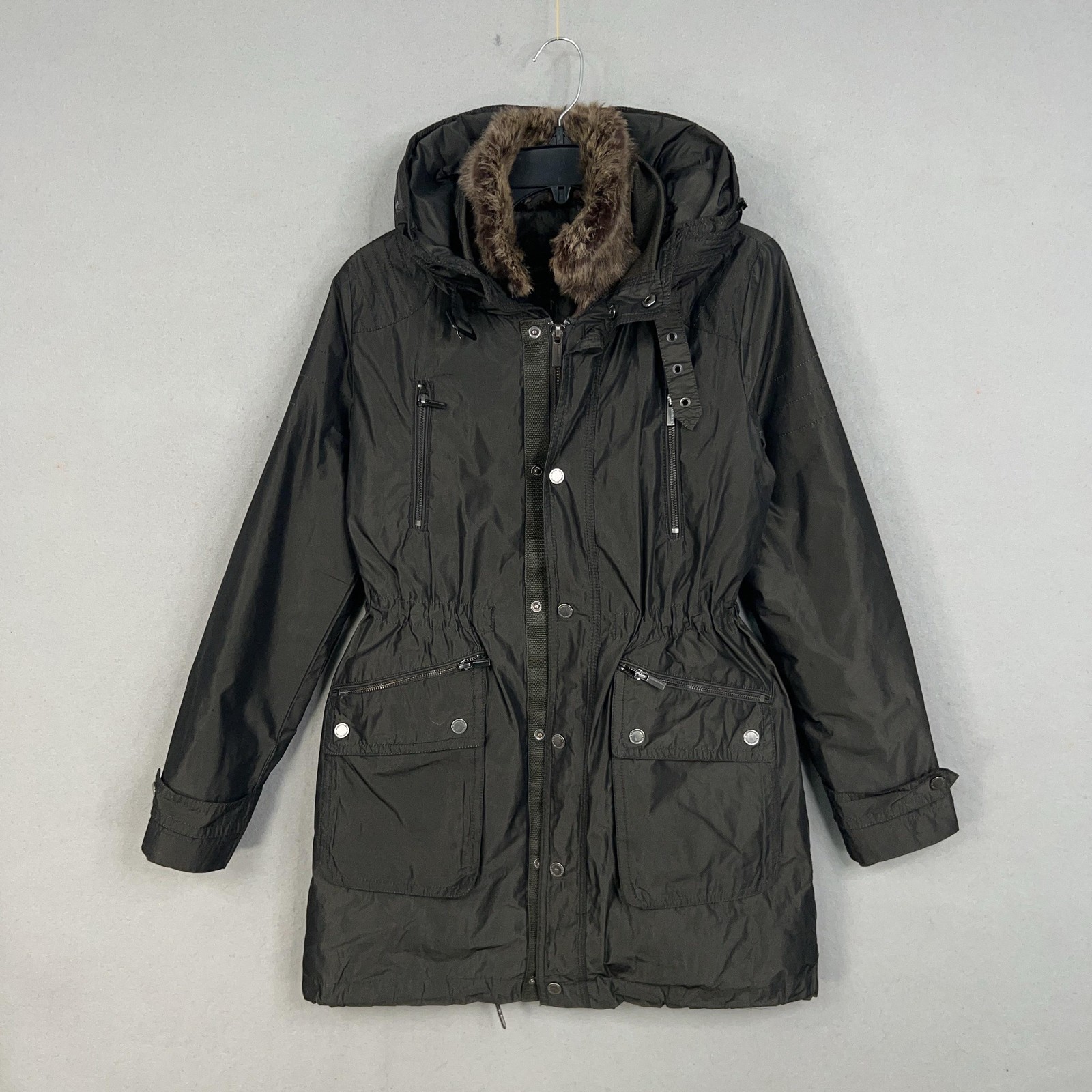 BCBGMAXAZRIA Parka Coat Womens Small Dark Green Rabbit Fur Trim Quilted Jacket