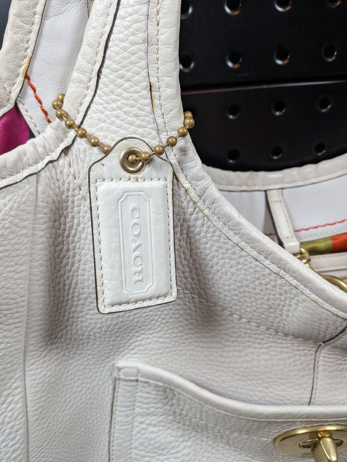 COACH Ergo Pebbled Leather Turn Lock Hobo Tote White 11640