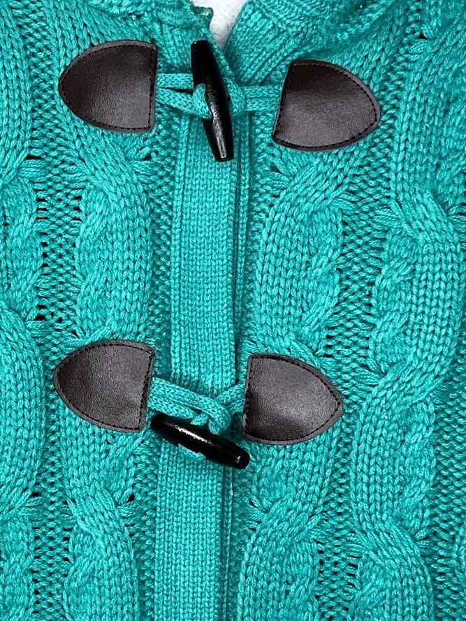 Hooded Cardigan Button Up Cable Knit Sweater Coat size Small Turquoise Sharpa