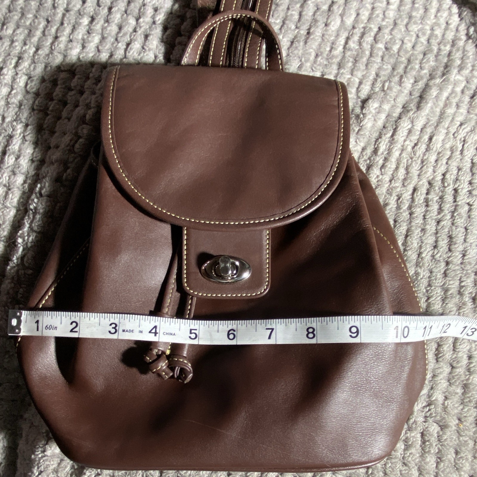 Preston & York Brown Drawstring Backpack, Turn Lock, Lined Inner Pockets